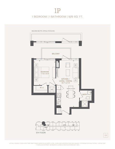 Floor plan for 1 bed, 1 bath, 526 sqft